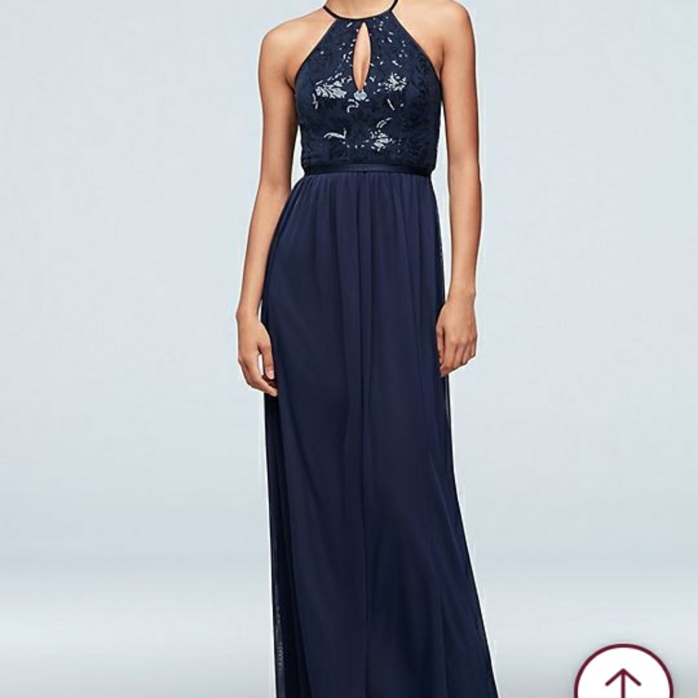 David's Bridal romantic sequin keyhole gown with sheer mesh skirt